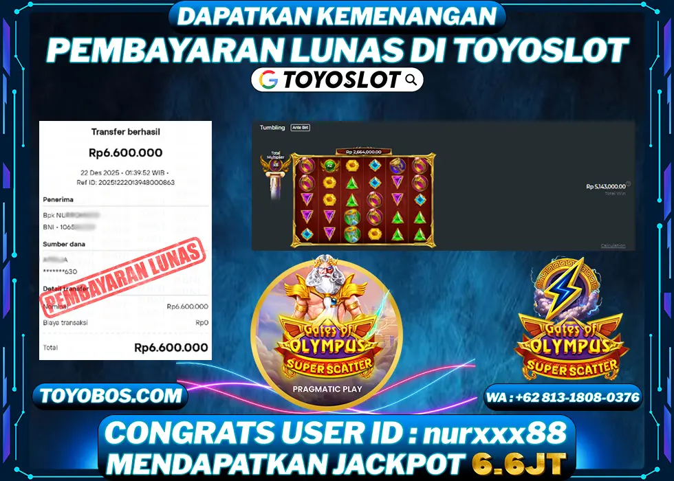 TOYOSLOT - BUKTI KEMENANGAN Gates Of Olympus Superscatter Rp6,600,000,- LUNAS
